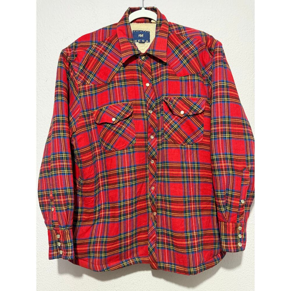 Vintage Painted Mesa Jacket Pearl Snap Flannel Grunge L Red Plaid Lined Western